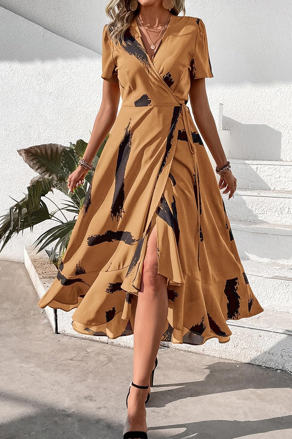 PRETTYGARDEN Women's Summer Wrap Maxi Dress Casual Short Sleeve Floral Boho V Neck Split Ruffle Beach Long Dresses