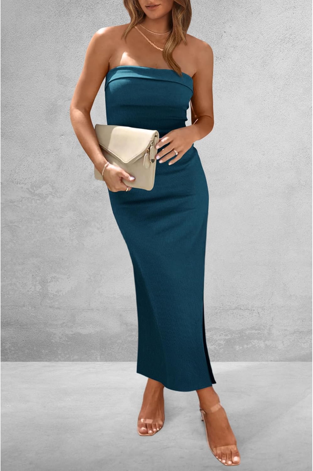 PRETTYGARDEN Women's Summer Bodycon Maxi Tube Dress Ribbed Strapless Side Slit Long Going Out Casual Elegant Party Dresses