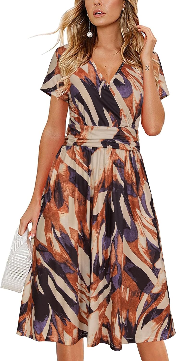 OUGES Women's Summer Short Sleeve V-Neck Floral Short Party Dress with Pockets