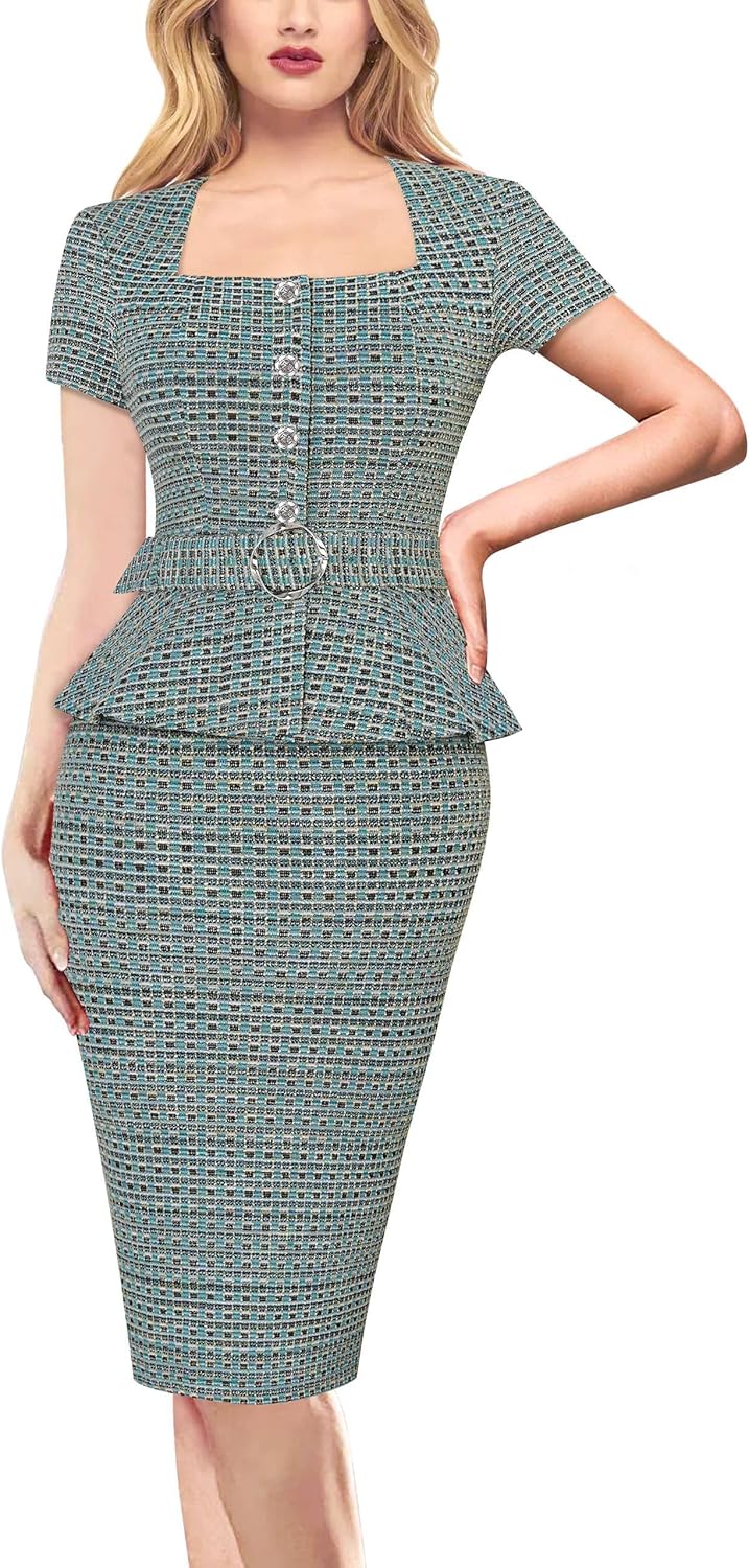 VFSHOW Womens 2024 Business Work Office Square Neck Belted Peplum Buttons Slim Bodycon Sheath Dress