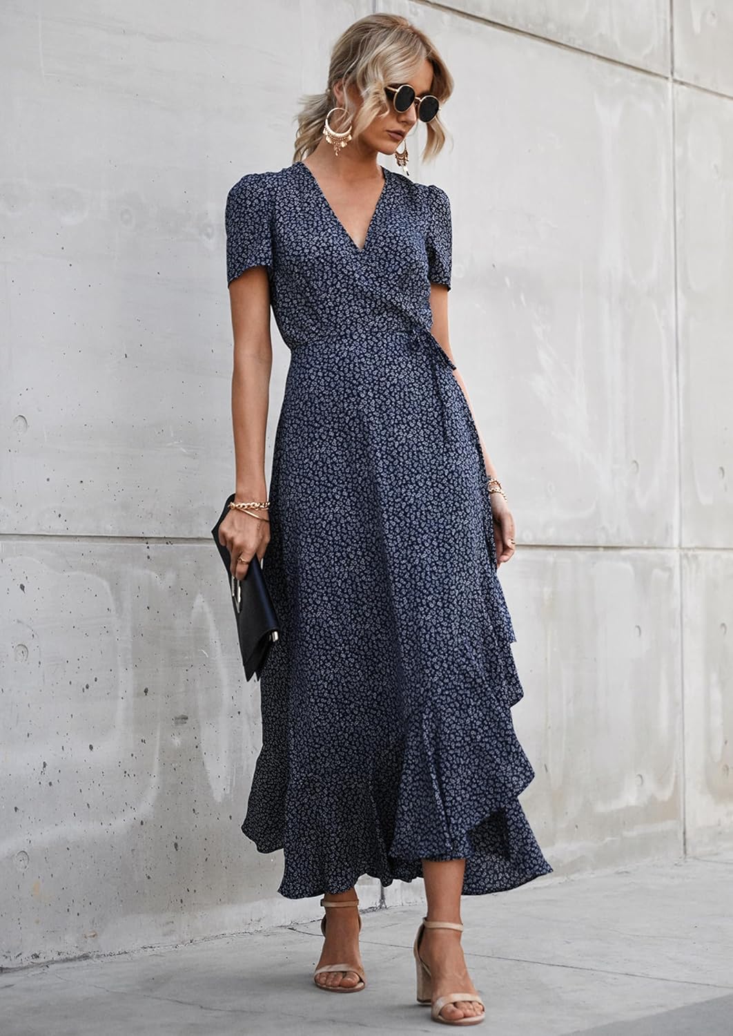 PRETTYGARDEN Women's Summer Wrap Maxi Dress Casual Short Sleeve Floral Boho V Neck Split Ruffle Beach Long Dresses