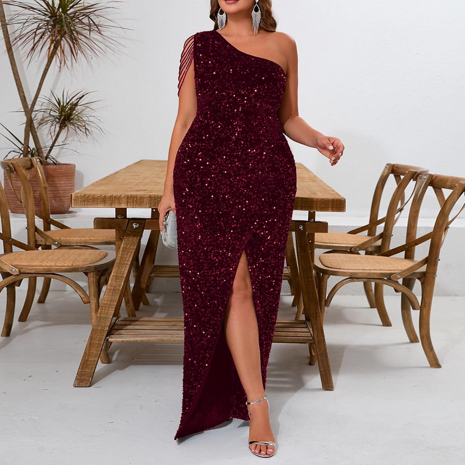 Cololura Women Sequin Elegant Sexy One Shoulder Tassel Mermaid Bodycon Cocktail Evening Dress