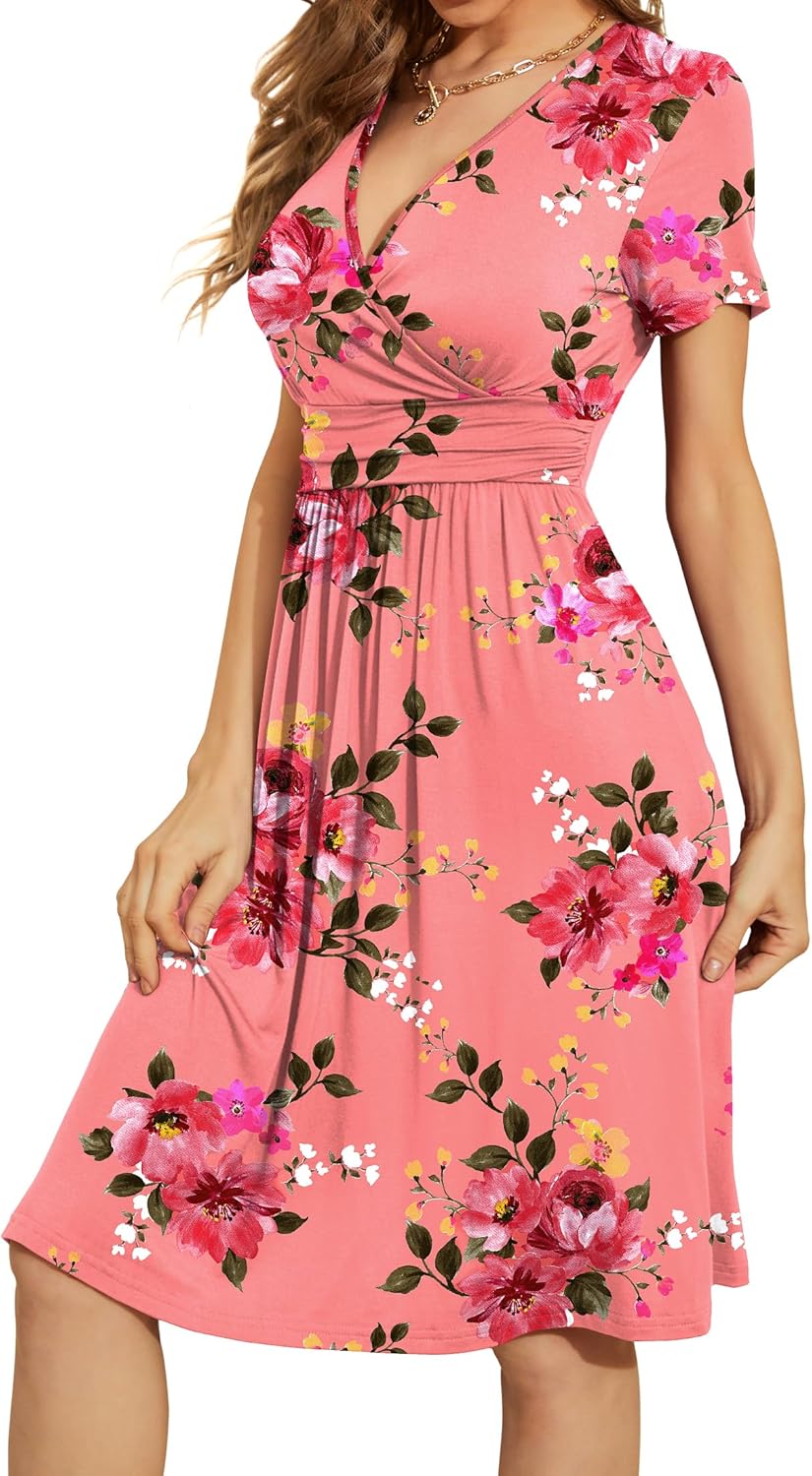 WEACZZY Women's Summer Short Sleeve Casual Dresses V-Neck Floral Party Dress with Pockets