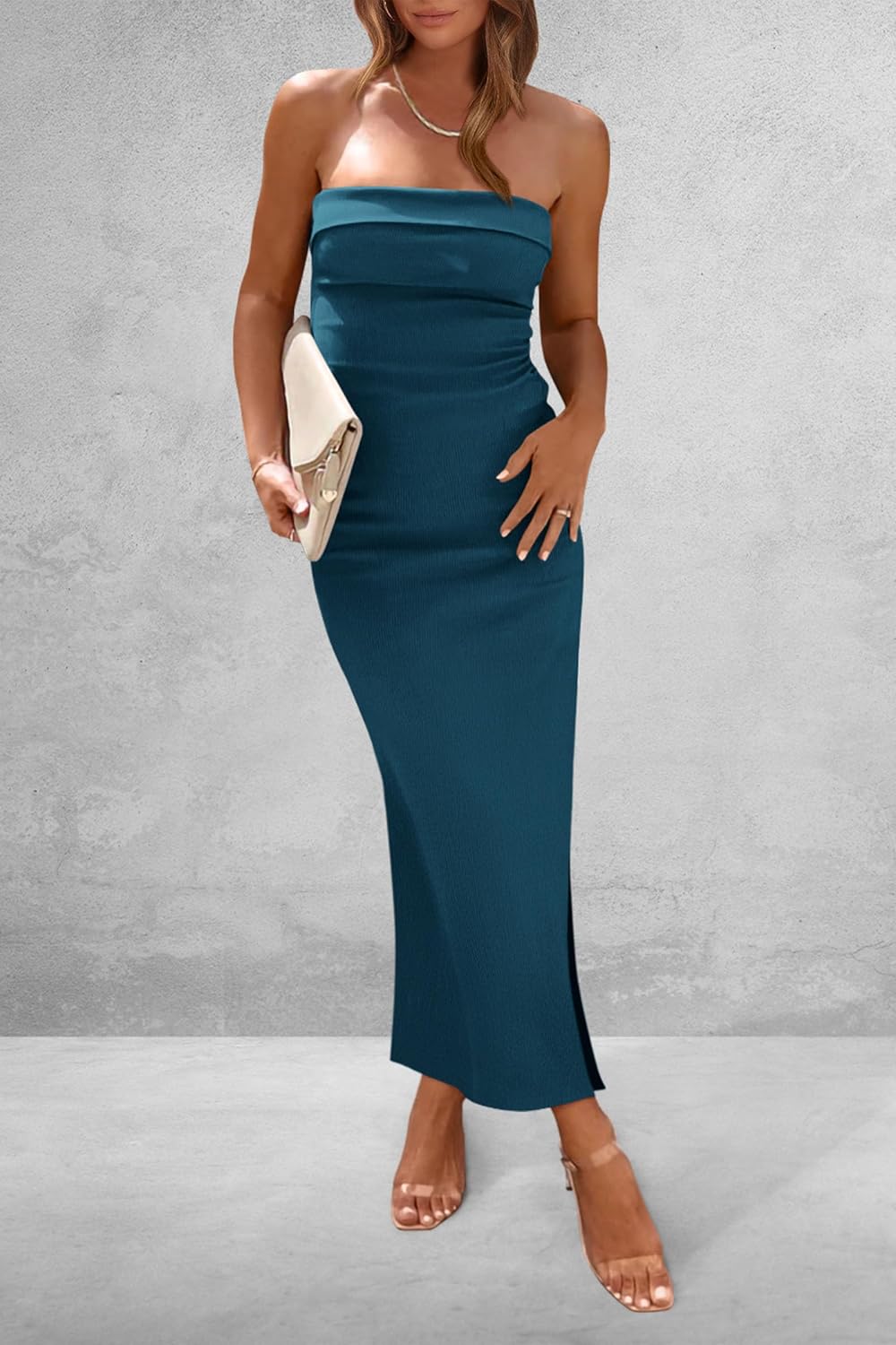 PRETTYGARDEN Women's Summer Bodycon Maxi Tube Dress Ribbed Strapless Side Slit Long Going Out Casual Elegant Party Dresses