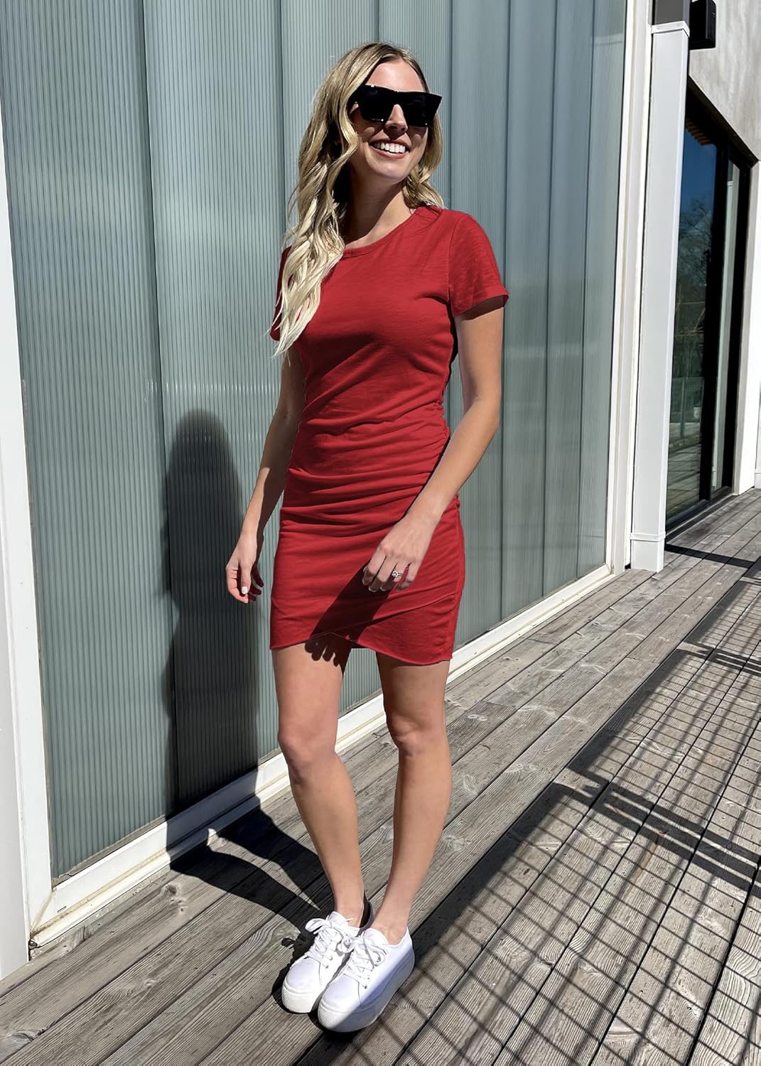 BTFBM Women's 2025 Summer Casual Beach Dresses Crew Neck Short Sleeve Wrap Party Club Mini Ruched Bodycon T Shirt Dress