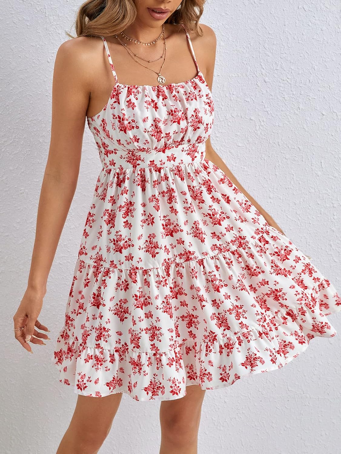 Verdusa Women's Floral Print Ruched Sleeveless Ruffle Hem A Line Swing Cami Dress