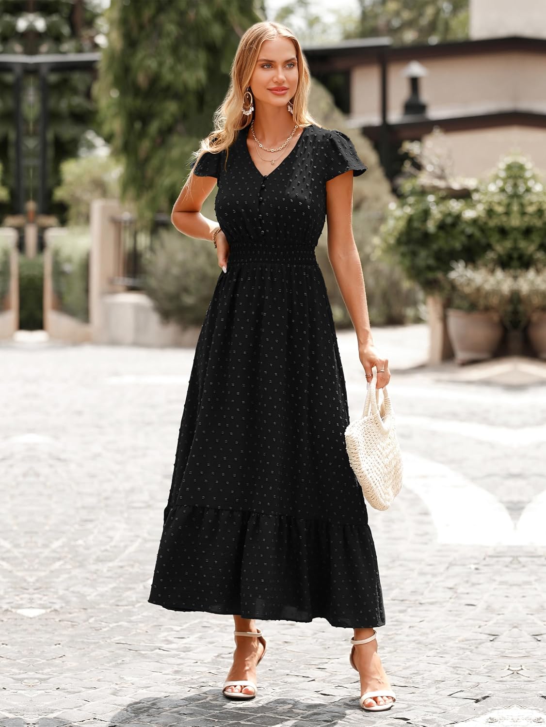 PRETTYGARDEN Womens Dresses 2025 Summer Maxi Dress Boho Short Sleeve V Neck Swiss Dot Ruffle Tiered Smocked Flowy Long Dress