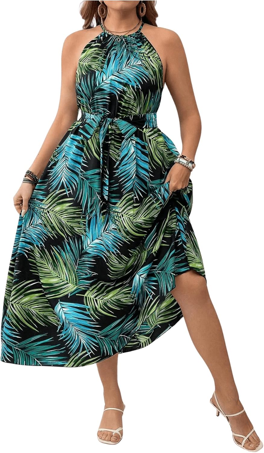 Floerns Women's Plus Size Boho Sleeveless Halter Neck Tie Back A Line Long Dress