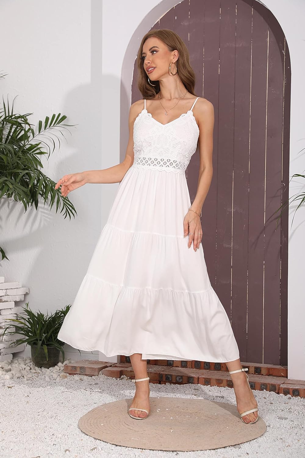 Dokuritu Women's Beach Crochet Lace Maxi Dress Solid Color Summer Vacation Spaghetti Strap Long Dress 2024