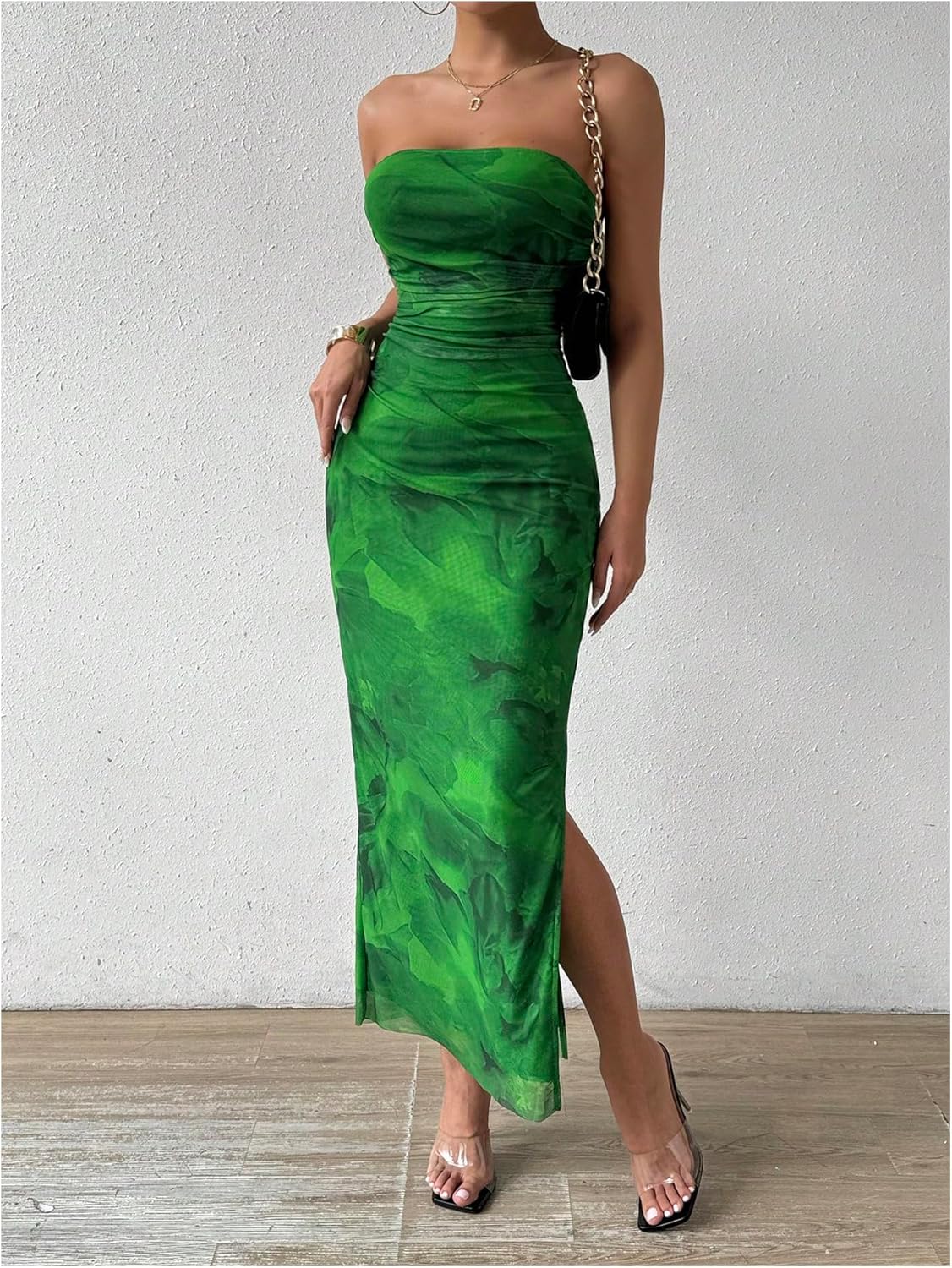 Milumia Women's Printed Strapless Tube Top Long Dress Slit Hem Sleeveless Bodycon Maxi Dresses