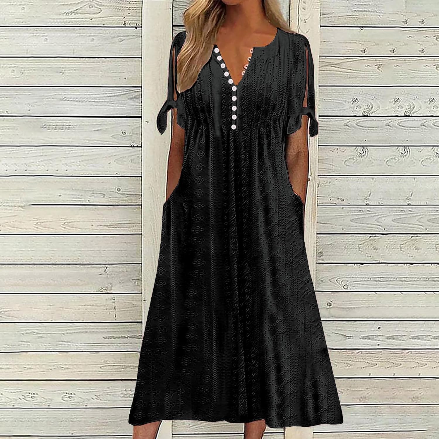 Boho Dresses for Women 2024 Fashion Summer Short Sleeve Eyelet Notch V Neck Sundress Beach Casual Maxi Long Dress