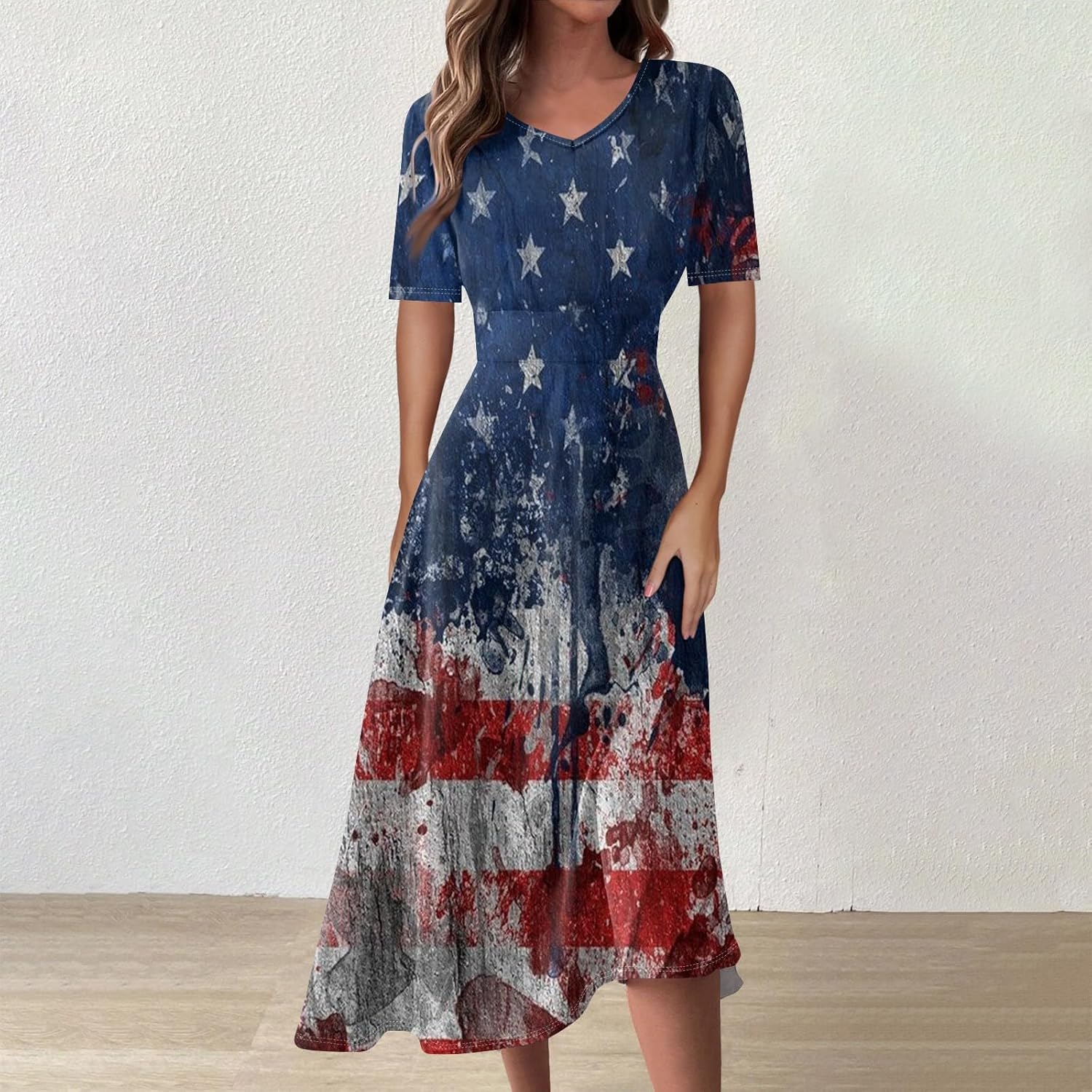 Women's Patriotic Star Print Midi Short Sleeve V-Neck Casual A-Line Dress for Summer Parties & Events
