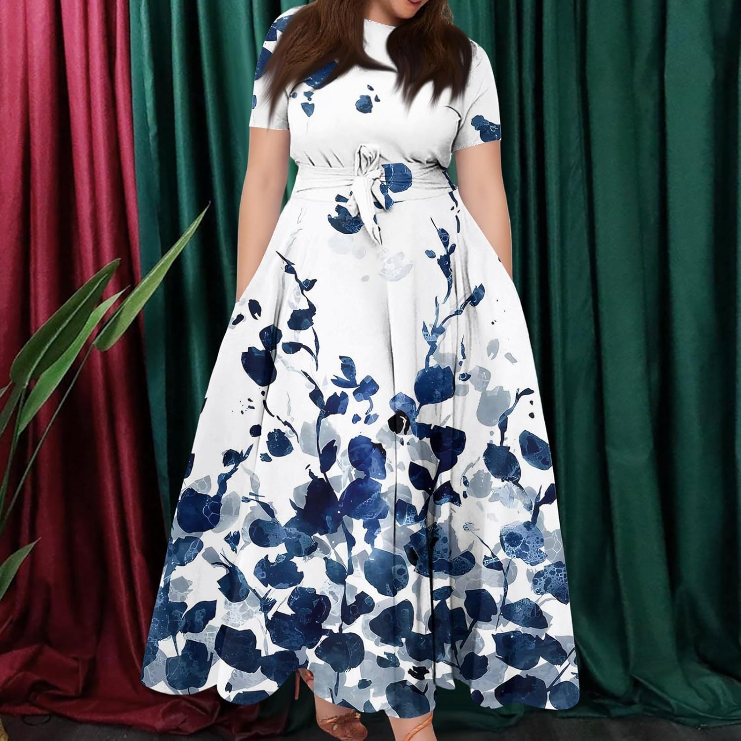 ZEFOTIM Maxi Dress for Women Plus Size Cute Floral Dress Short Sleeve Crew Neck Dresses