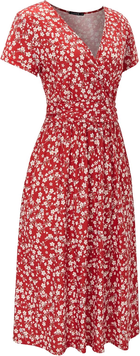 OUGES Women's Summer Short Sleeve V-Neck Floral Short Party Dress with Pockets