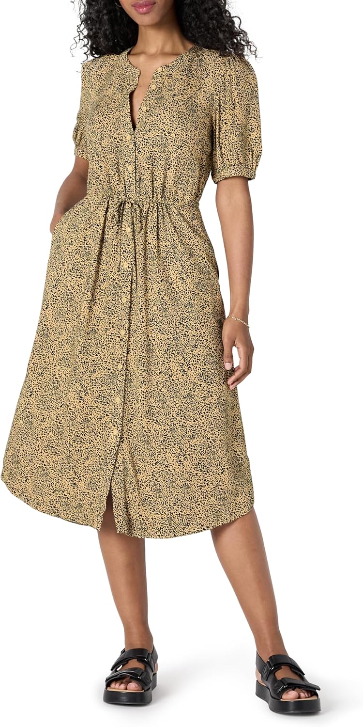 Amazon Essentials Women's Relaxed Fit Half-Sleeve Waisted Midi A-Line Dress
