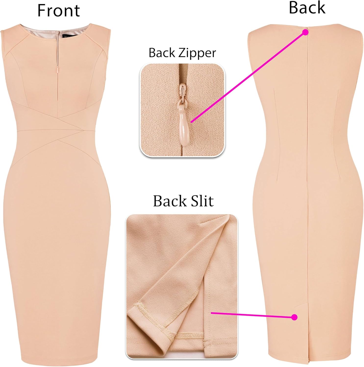 VFSHOW Womens Elegant Slim Front Zipper up Work Business Office Party Sheath Dress