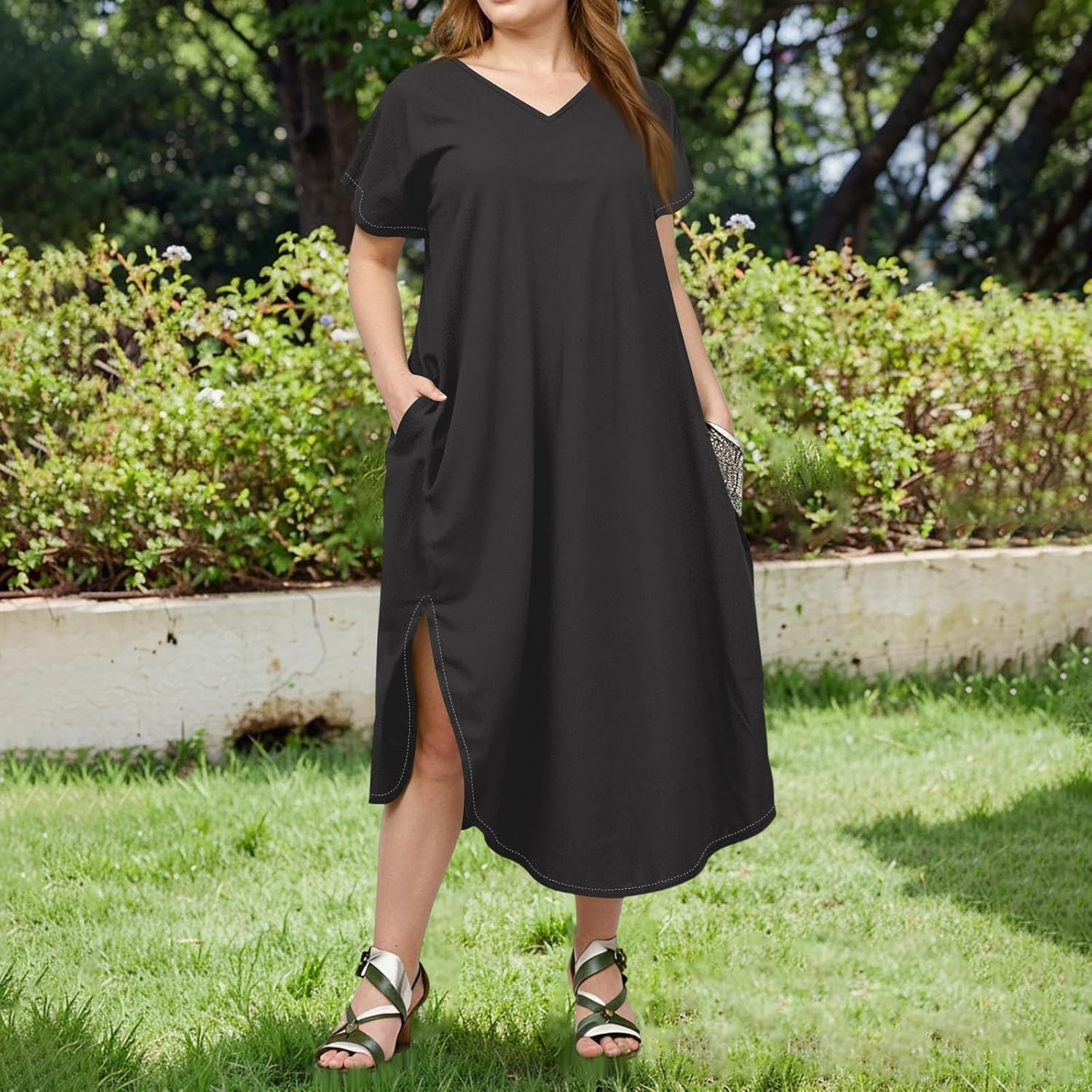 Maxi Dresses for Women 2025 Plus Size Tie Dye V Neck Dress Short Sleeve Side Split Beach Summer Sundress with Pocket