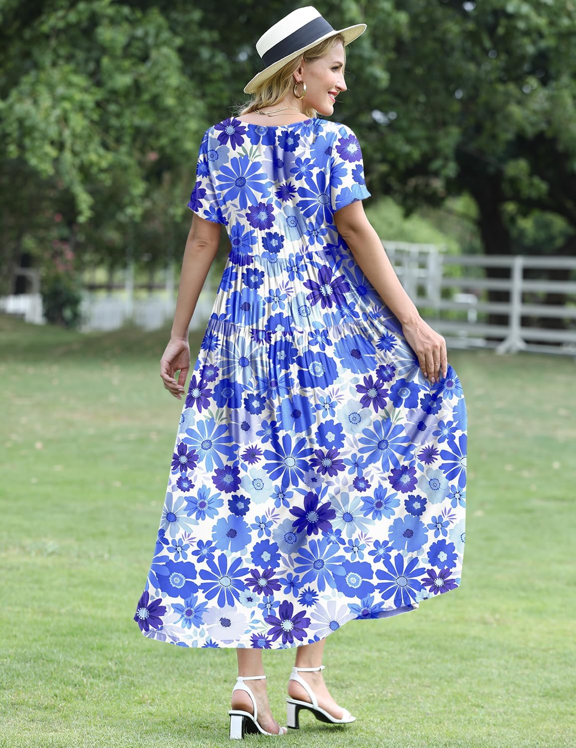 YESNO Women Casual Loose Bohemian Floral Dress with Pockets Short Sleeve Long Maxi Summer Beach Swing Dress EJF
