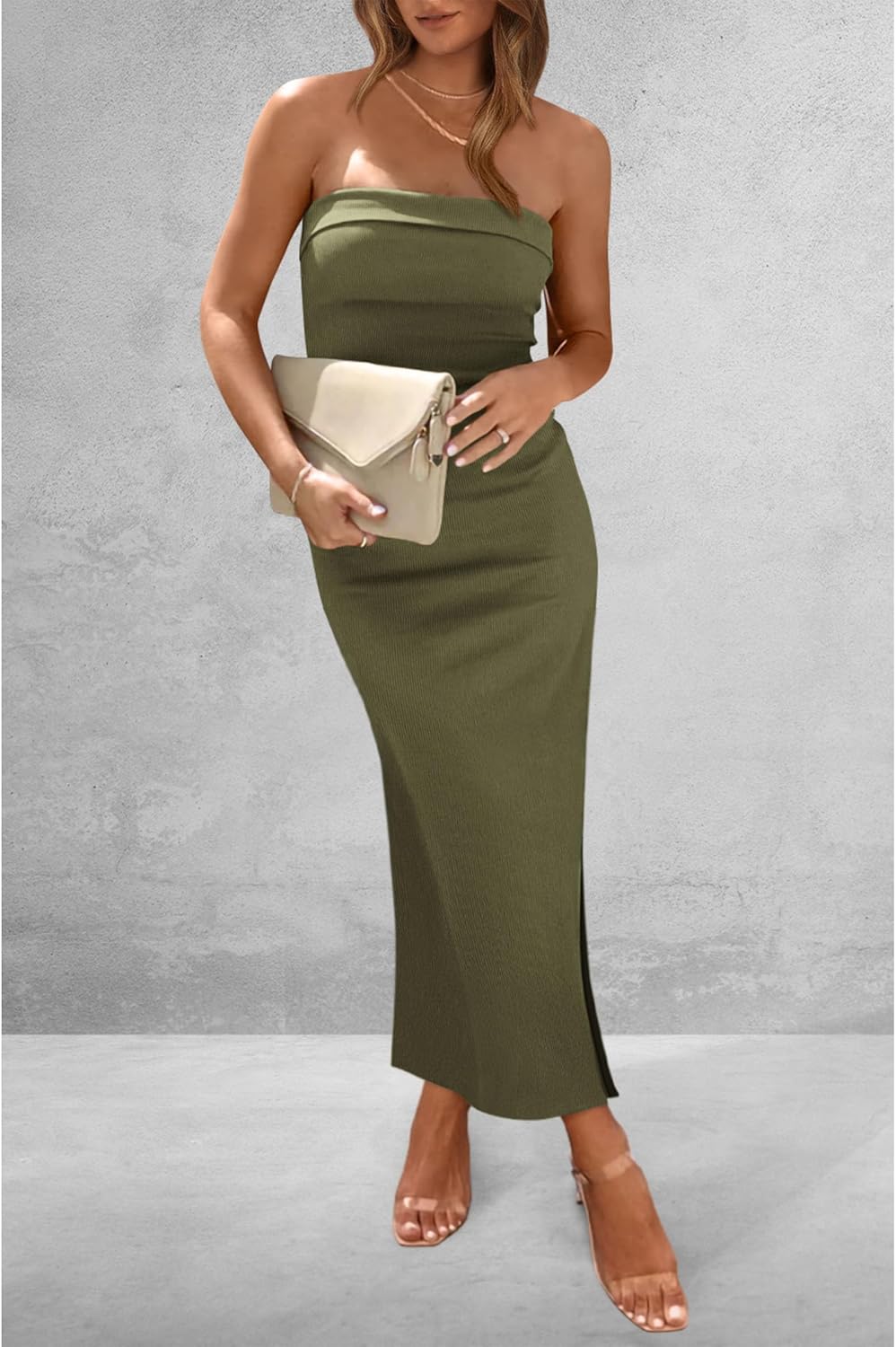PRETTYGARDEN Women's Summer Bodycon Maxi Tube Dress Ribbed Strapless Side Slit Long Going Out Casual Elegant Party Dresses