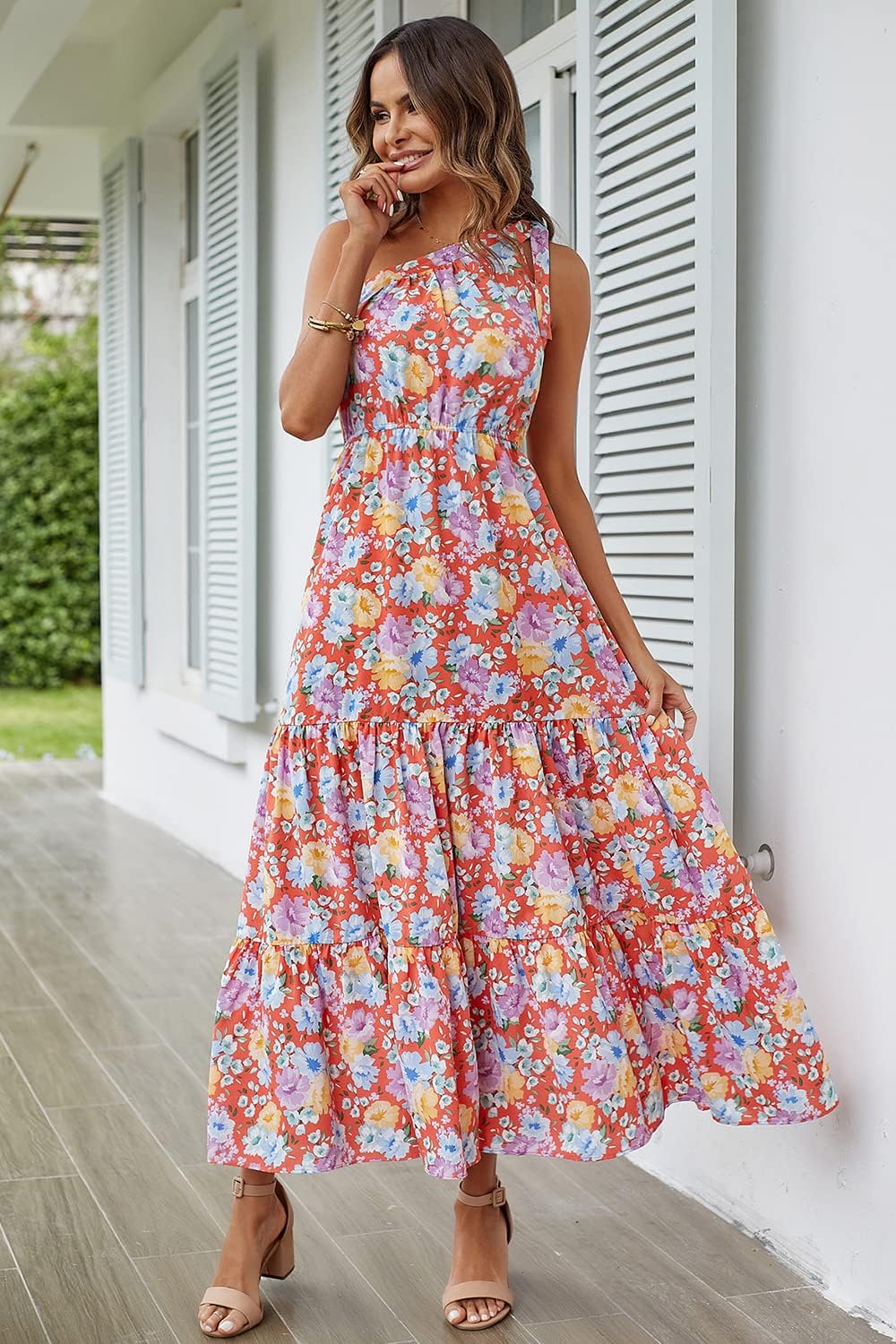 PRETTYGARDEN Women's Summer Floral Maxi Dress Knot One Shoulder Sleeveless Ruffle Flowy Boho Beach Wedding Guest Dresses