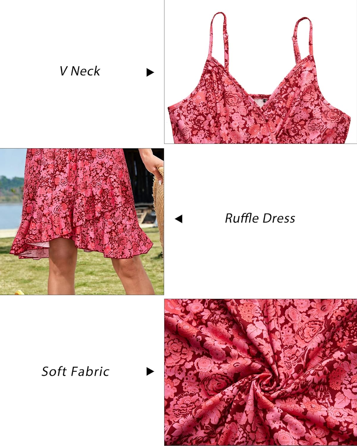 ULTRANICE Womens Summer Dresses Floral V Neck Ruffled Hem Spaghetti Spring Casual Beach Outfits Flowy Wrap Sun Dress