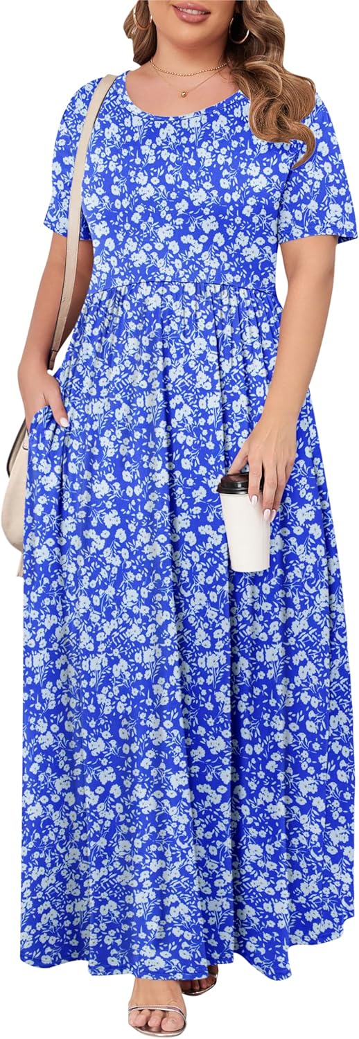 KARALIN Women’s Plus Size Maxi Dresses for Curvy Women Summer Casual Short Sleeve 2025 Long Dress 14W-26W