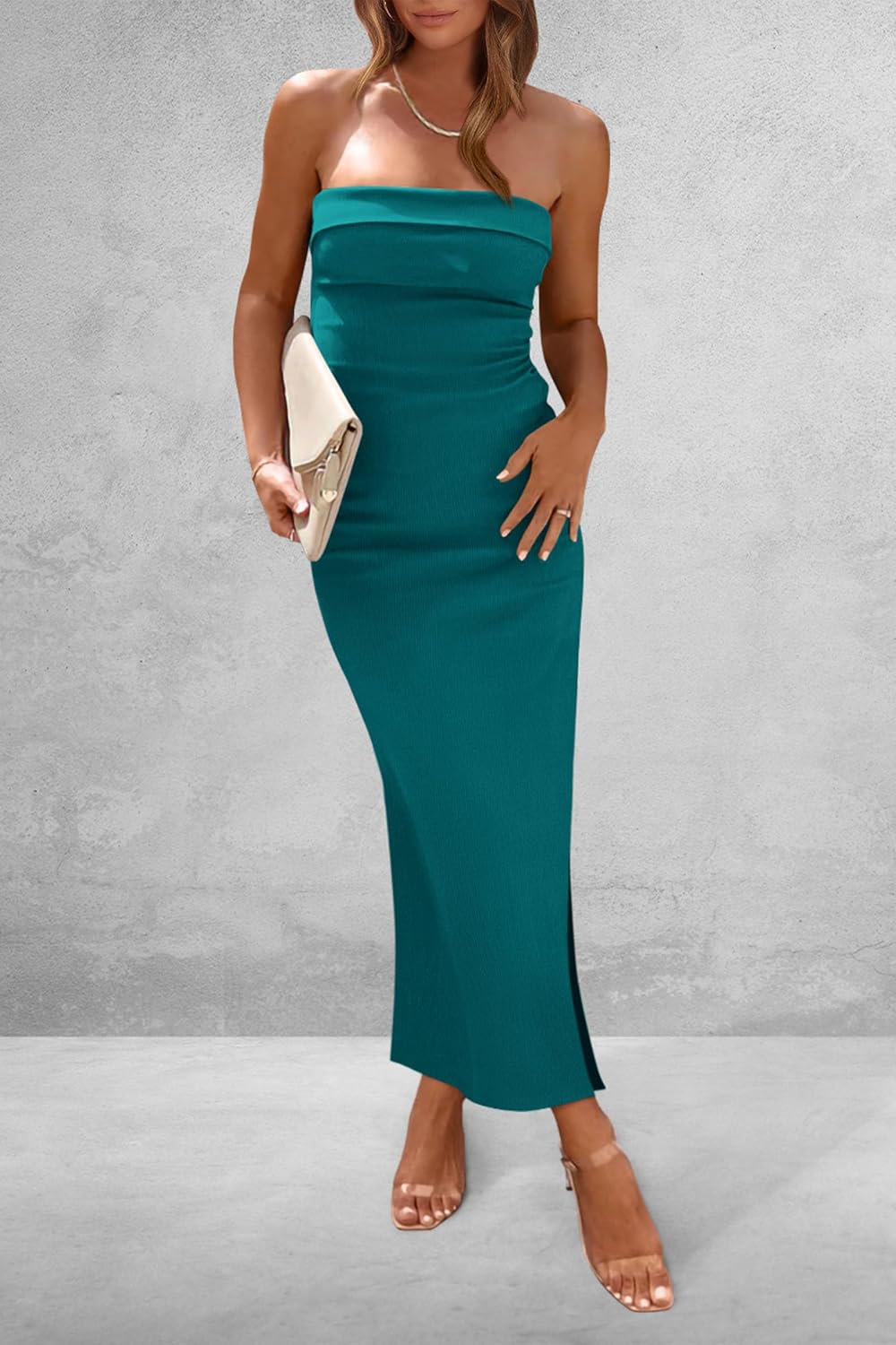 PRETTYGARDEN Women's Summer Bodycon Maxi Tube Dress Ribbed Strapless Side Slit Long Going Out Casual Elegant Party Dresses