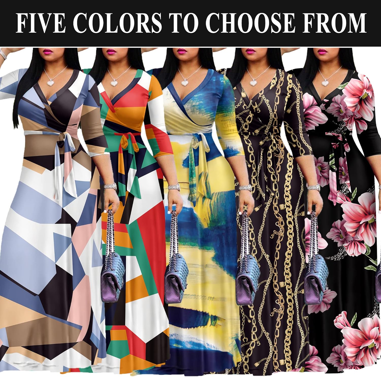 FANDEE Plus Size Maxi Dress for Women Casual Summer Sundress V-Neck 3/4 Sleeve