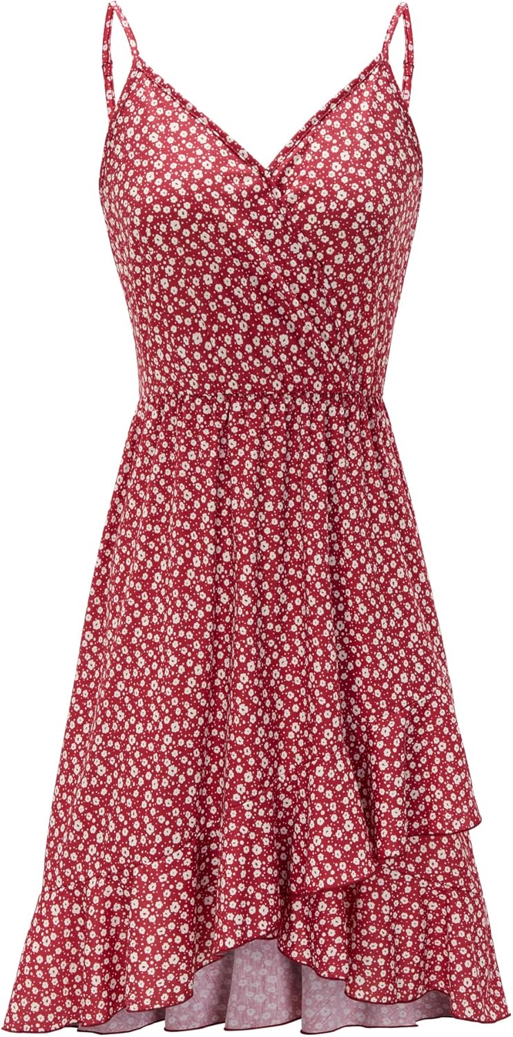 ULTRANICE Womens Summer Dresses Floral V Neck Ruffled Hem Spaghetti Spring Casual Beach Outfits Flowy Wrap Sun Dress