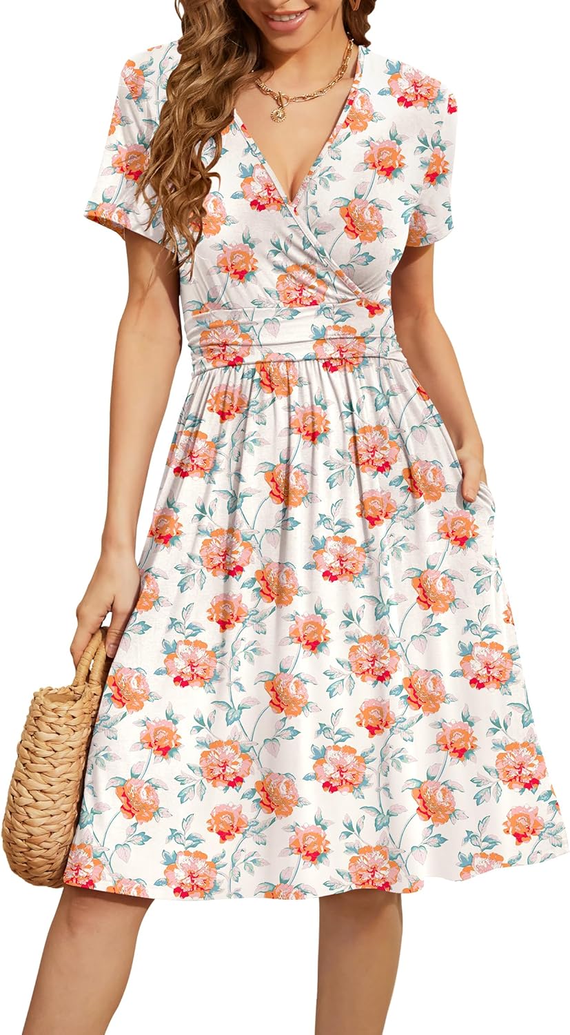 WEACZZY Women's Summer Short Sleeve Casual Dresses V-Neck Floral Party Dress with Pockets