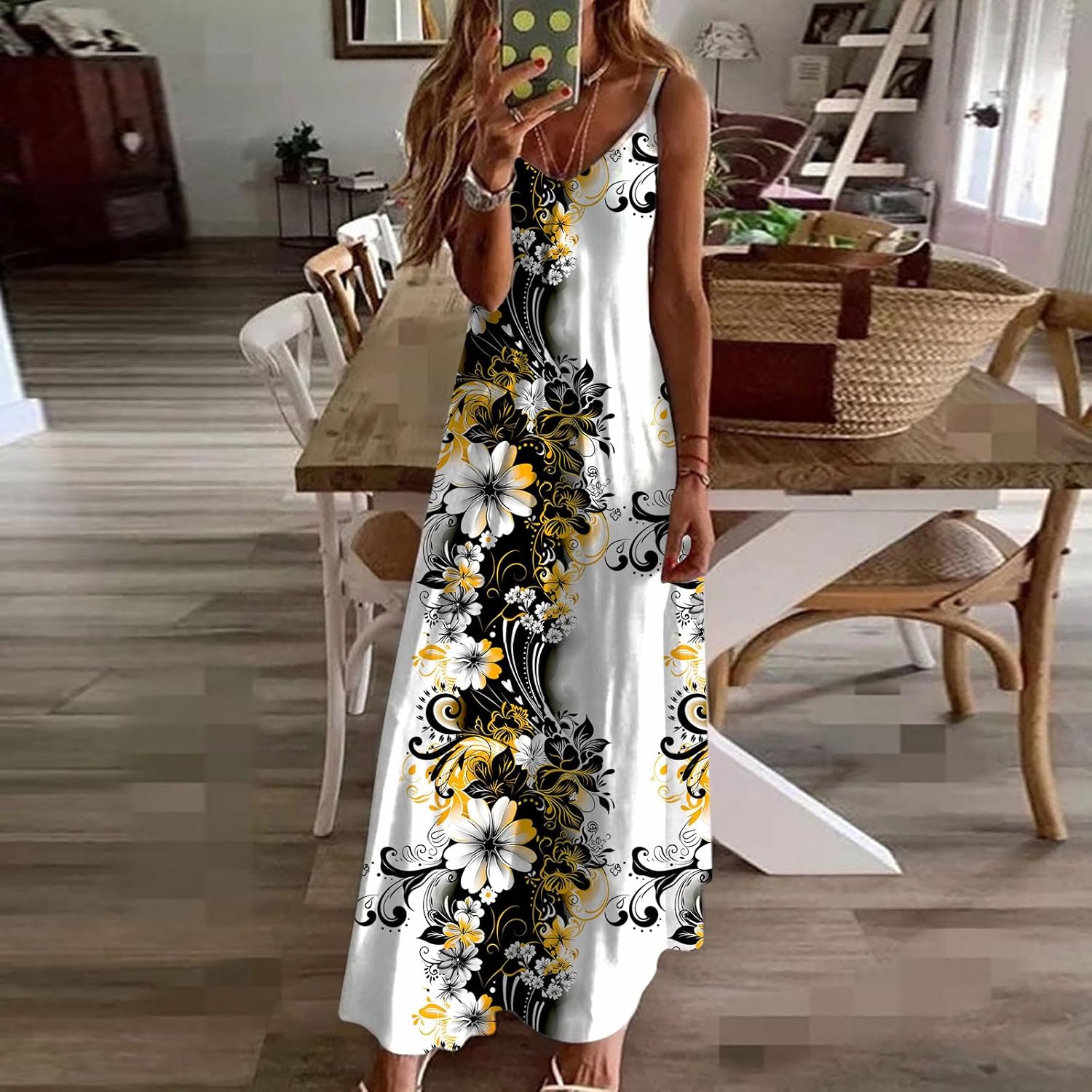 Womens Floral Maxi Dresses Spaghetti Strap Casual Summer Long Dress Vneck Flowy Boho Beach Sundress Vacation Outfits