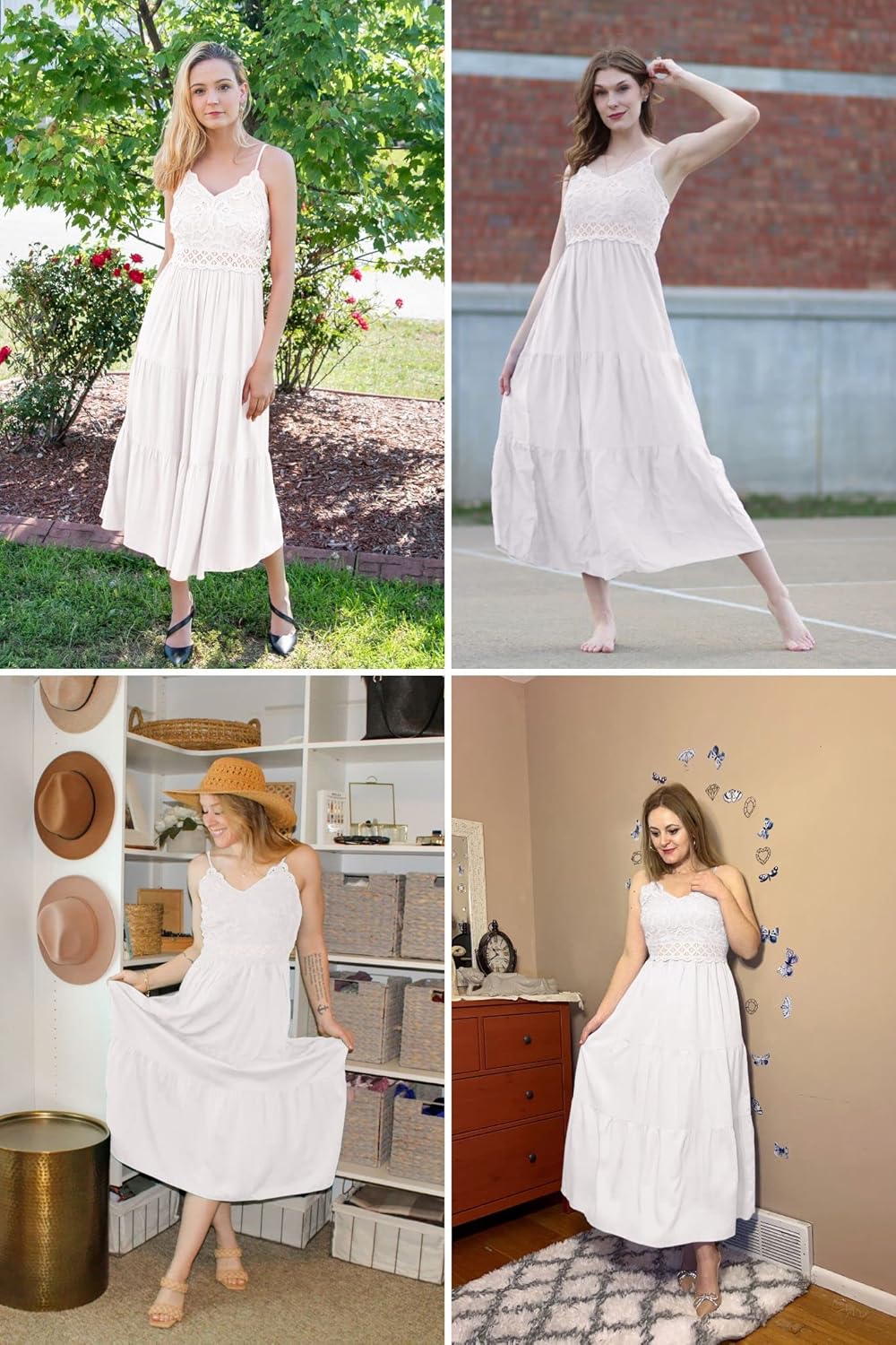 Dokuritu Women's Beach Crochet Lace Maxi Dress Solid Color Summer Vacation Spaghetti Strap Long Dress 2024