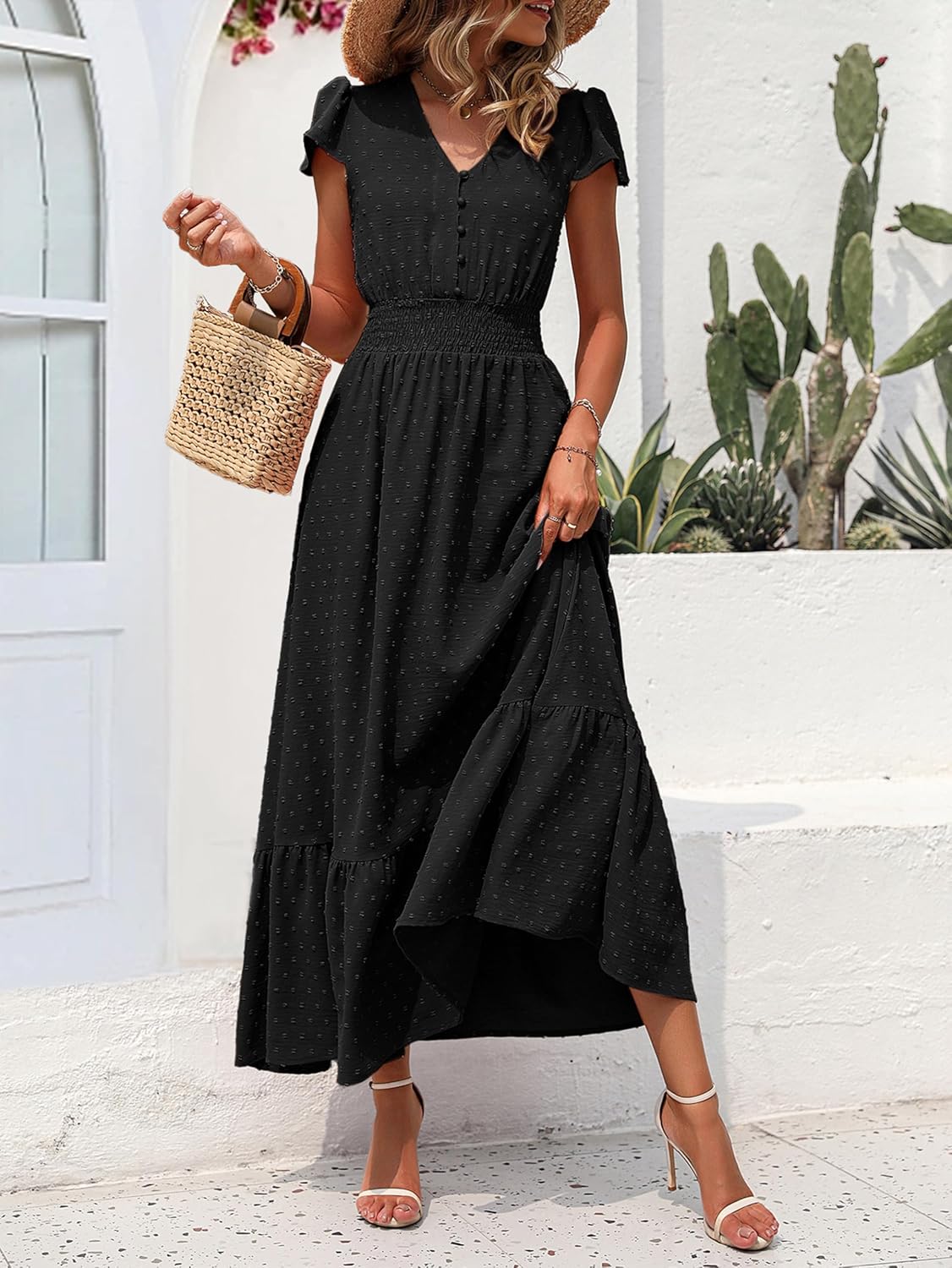 PRETTYGARDEN Womens Dresses 2025 Summer Maxi Dress Boho Short Sleeve V Neck Swiss Dot Ruffle Tiered Smocked Flowy Long Dress