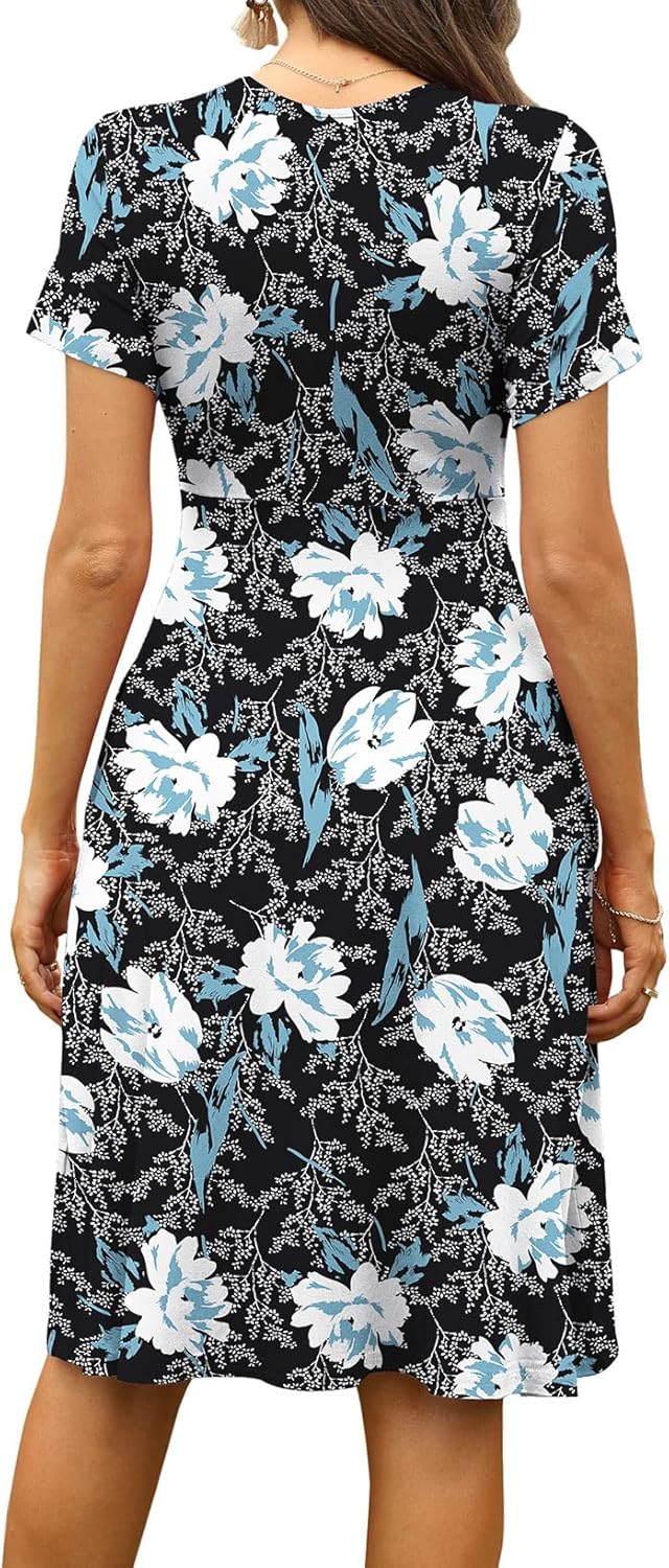 WEACZZY Women's Summer Short Sleeve Casual Dresses V-Neck Floral Party Dress with Pockets