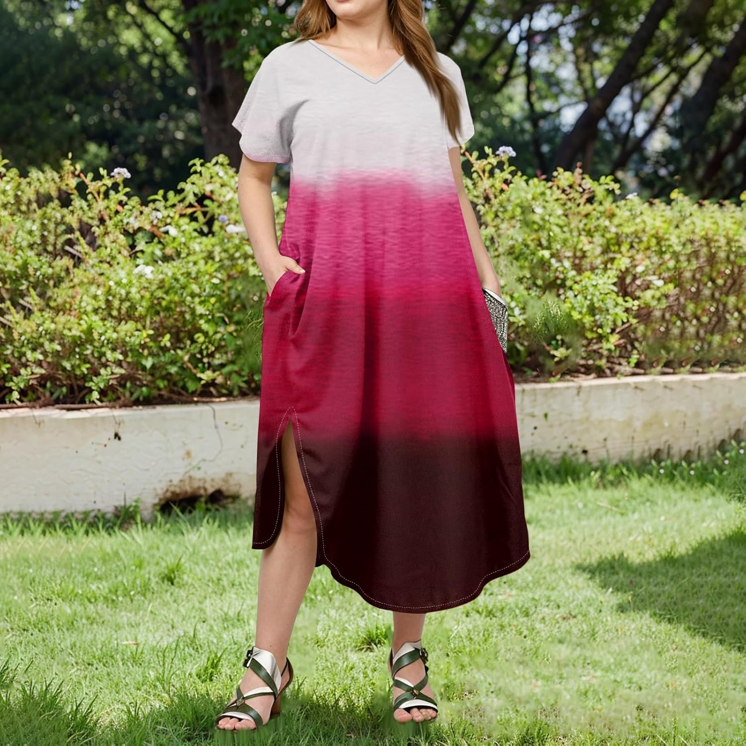 Maxi Dresses for Women 2025 Plus Size Tie Dye V Neck Dress Short Sleeve Side Split Beach Summer Sundress with Pocket