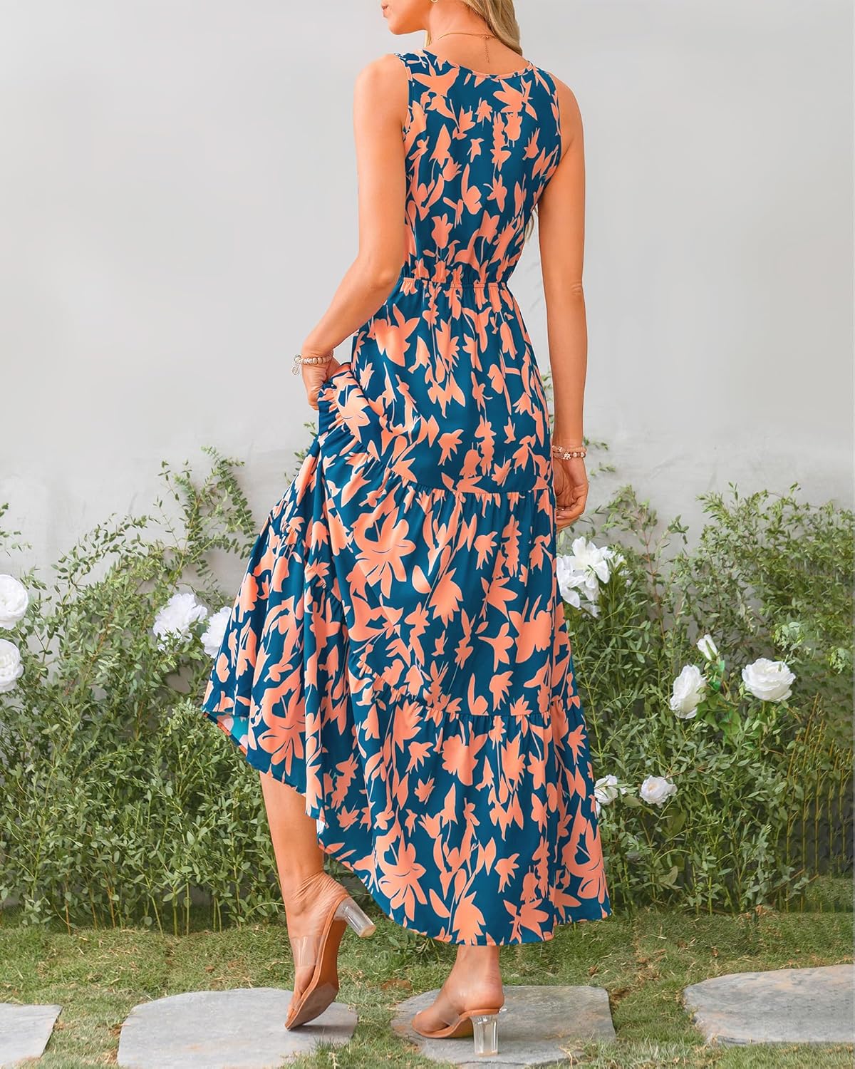 BTFBM Women Summer Dresses Casual Sleeveless Maxi Dresses Cute Floral Long Dress Wedding Guest Dress