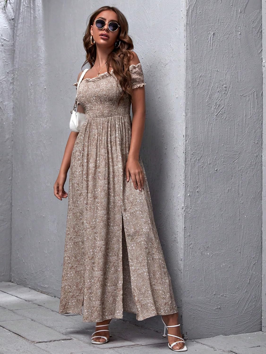 Floerns Women's Boho Floral Print Off Shoulder Split Long A Line Dress