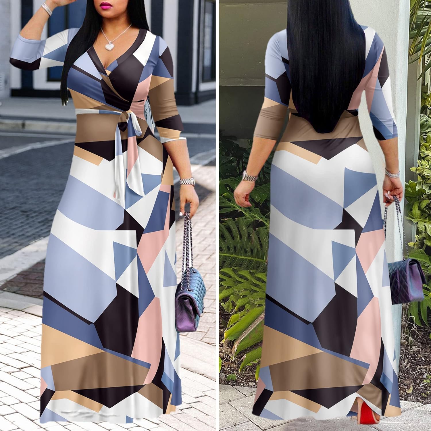 FANDEE Plus Size Maxi Dress for Women Casual Summer Sundress V-Neck 3/4 Sleeve