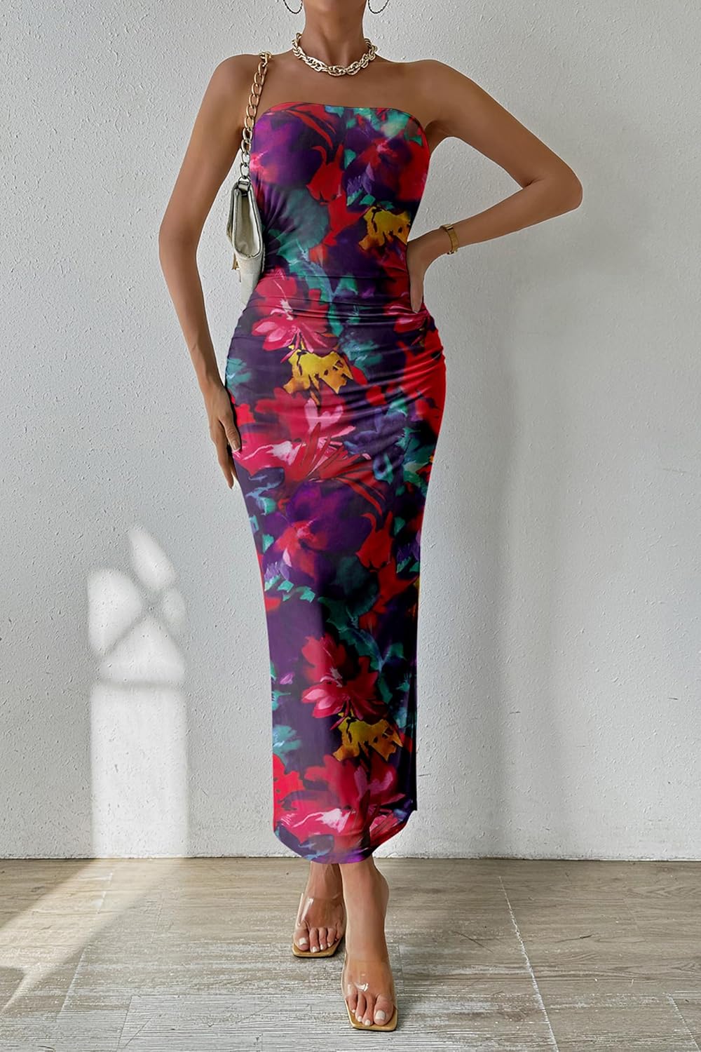 PRETTYGARDEN Women's Summer Maxi Bodycon Dresses Strapless Tube Top Printed Long Party Club Slit Dress