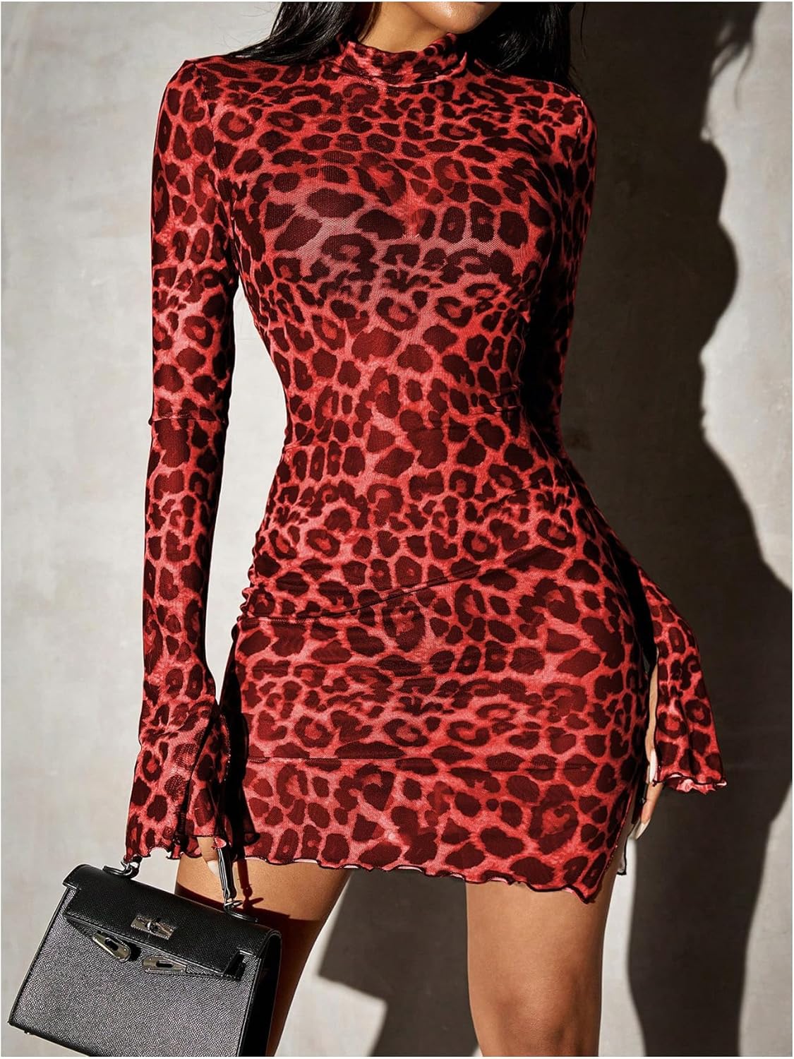 Milumia Women's Leopard Print Sheer Mesh Mini Dresses Long Bell Sleeve See Through Bodycon Dress Party Club Rave