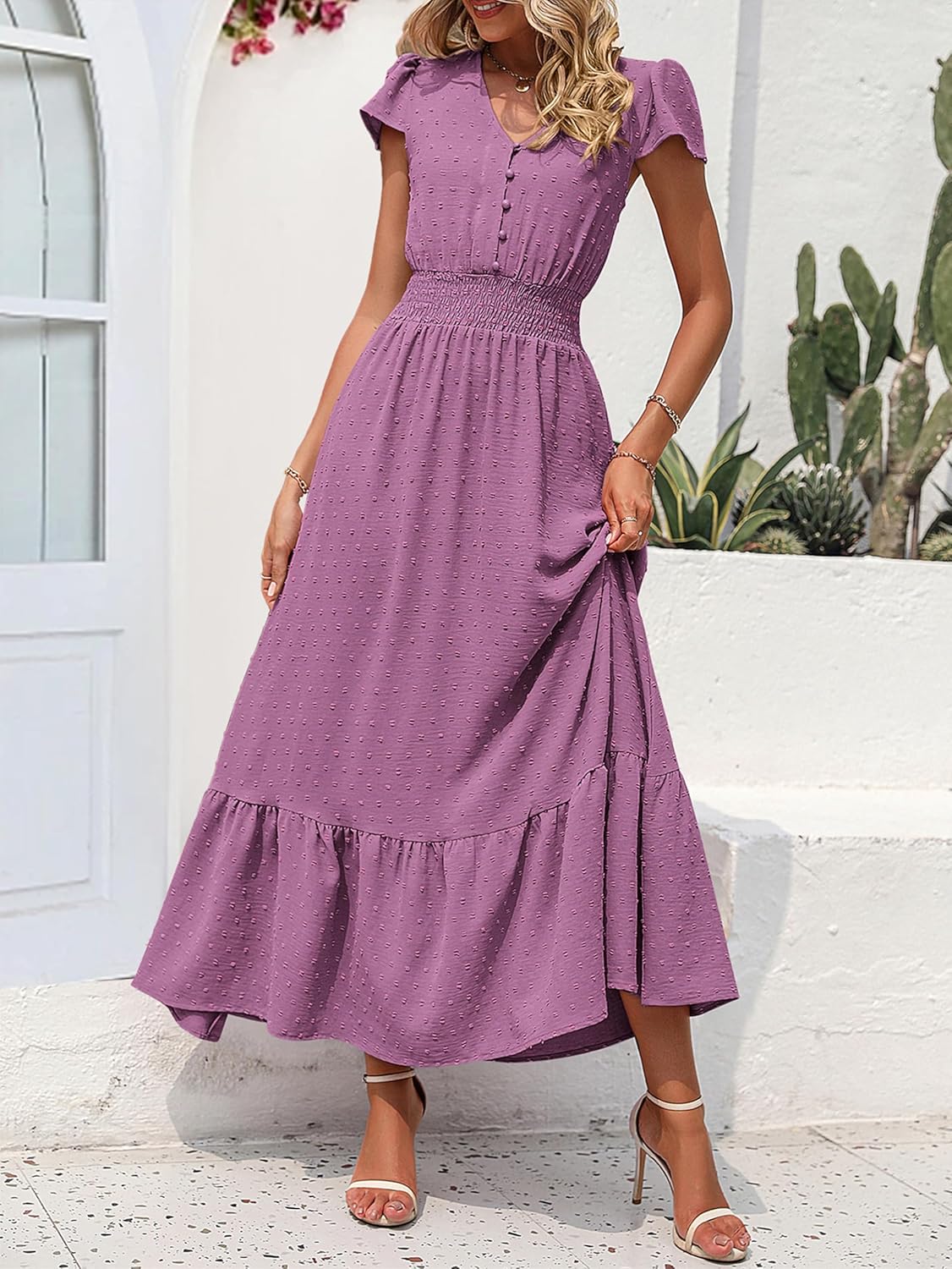 PRETTYGARDEN Womens Dresses 2025 Summer Maxi Dress Boho Short Sleeve V Neck Swiss Dot Ruffle Tiered Smocked Flowy Long Dress