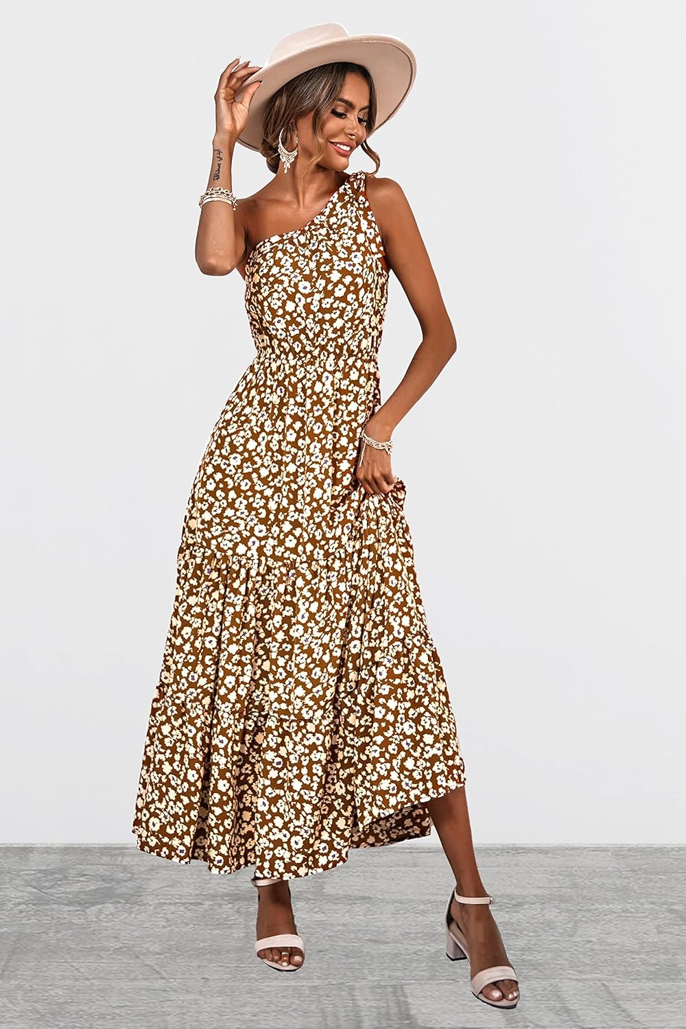 PRETTYGARDEN Women's Summer Floral Maxi Dress Knot One Shoulder Sleeveless Ruffle Flowy Boho Beach Wedding Guest Dresses