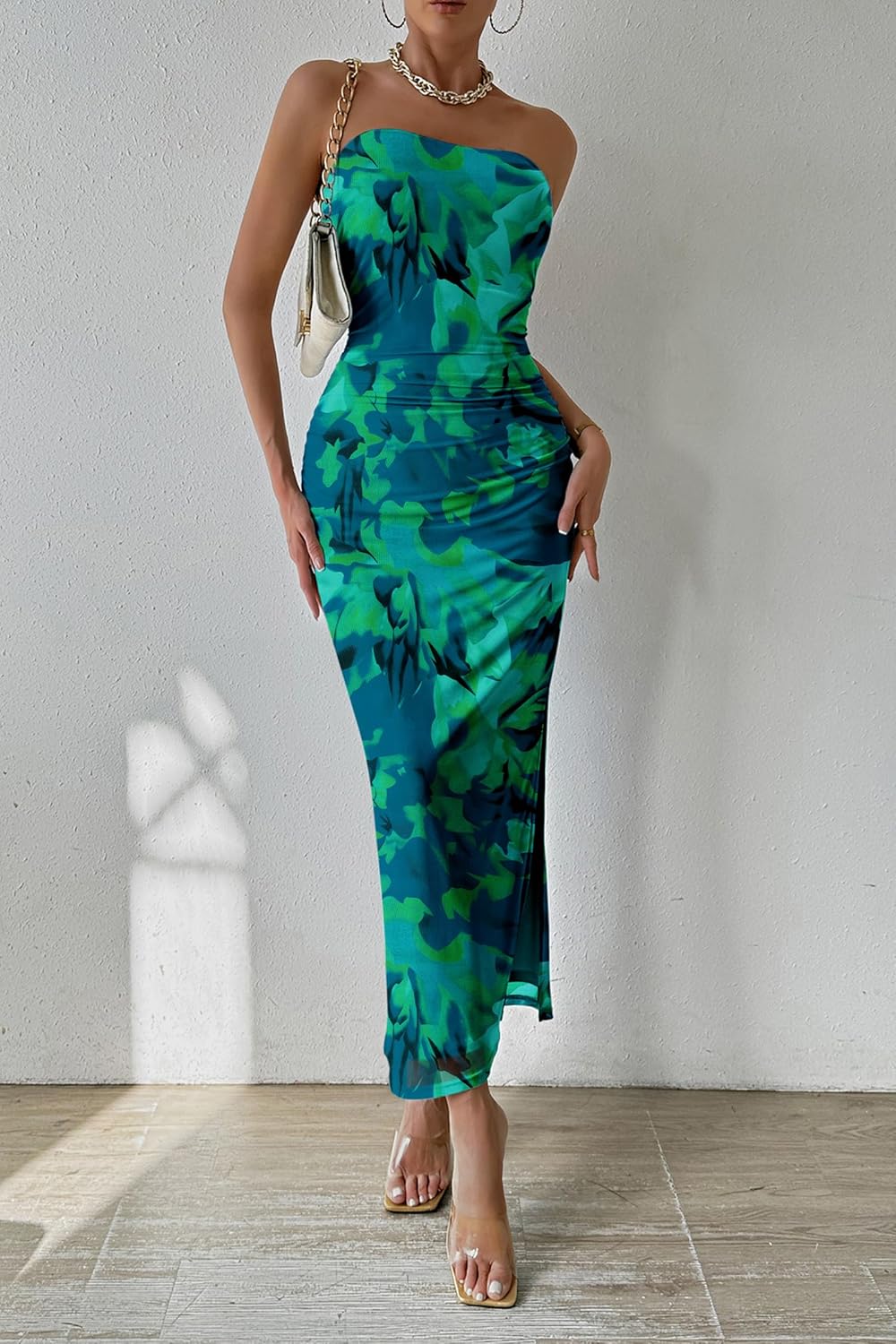 PRETTYGARDEN Women's Summer Maxi Bodycon Dresses Strapless Tube Top Printed Long Party Club Slit Dress