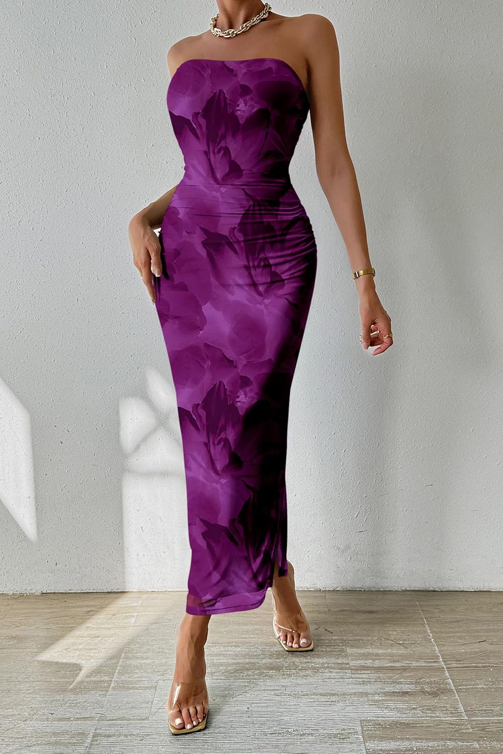 PRETTYGARDEN Women's Summer Maxi Bodycon Dresses Strapless Tube Top Printed Long Party Club Slit Dress