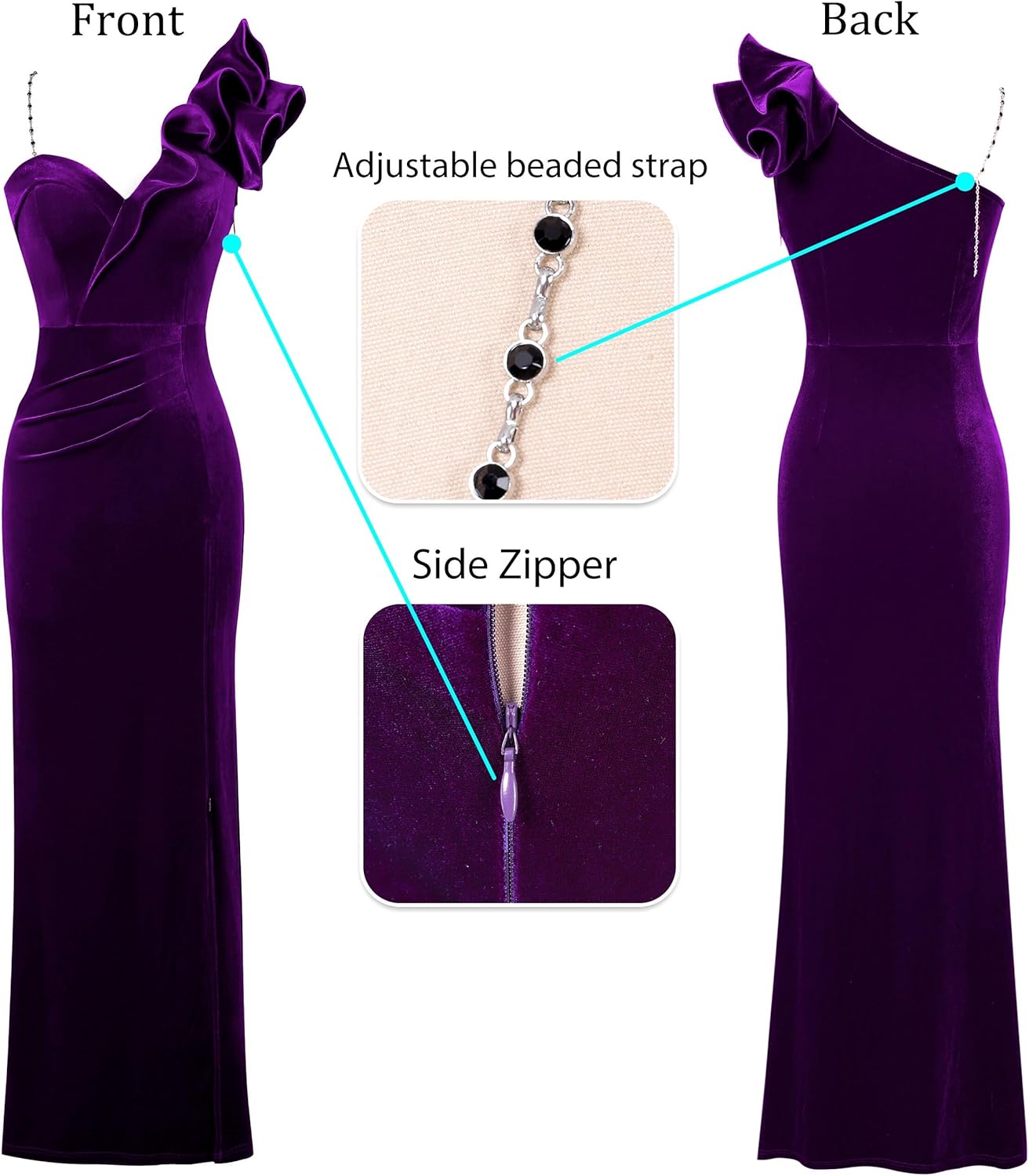 VFSHOW Womens Ruffle One Shoulder Strap Ruched Formal Prom Wedding Maxi Dress V Neck Elegant Split Cocktail Evening Long Gown