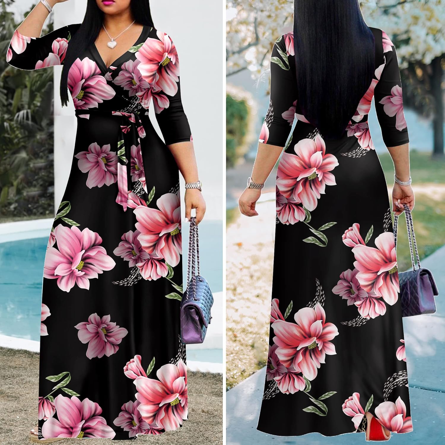 FANDEE Plus Size Maxi Dress for Women Casual Summer Sundress V-Neck 3/4 Sleeve