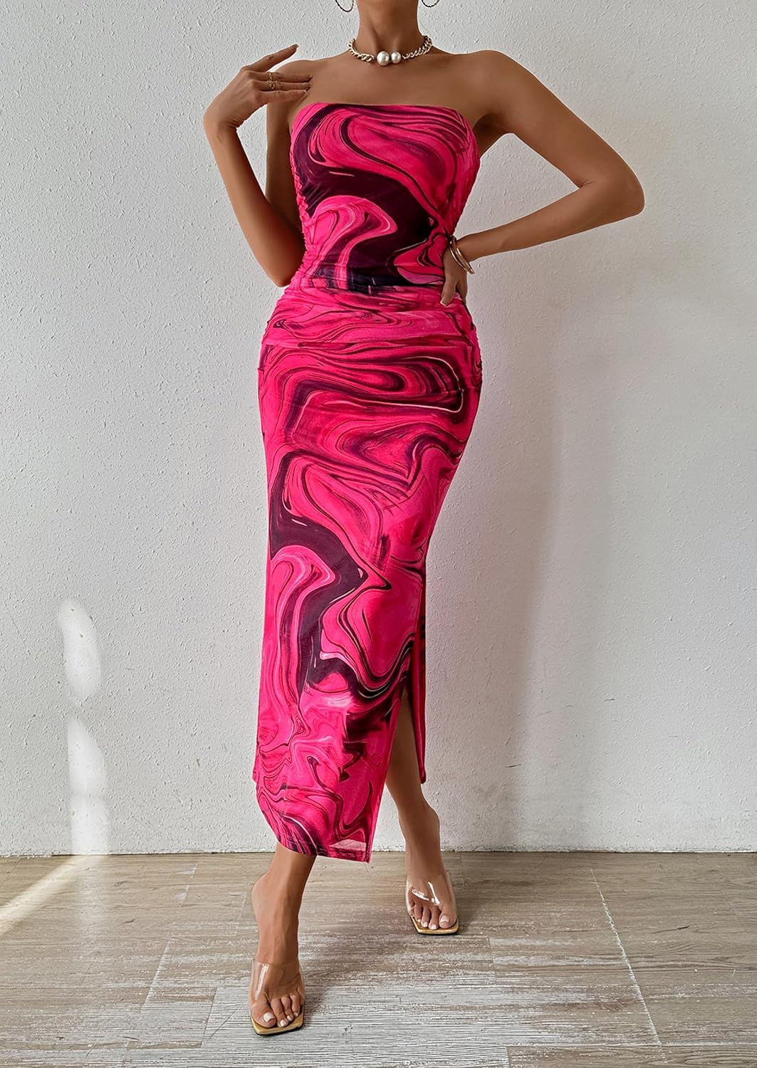 PRETTYGARDEN Women's Summer Maxi Bodycon Dresses Strapless Tube Top Printed Long Party Club Slit Dress