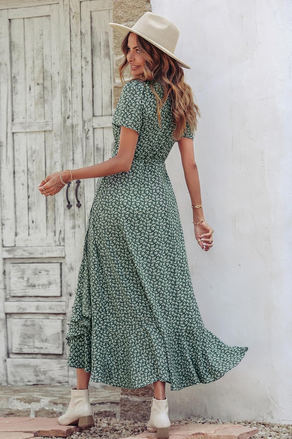 PRETTYGARDEN Women's Summer Wrap Maxi Dress Casual Short Sleeve Floral Boho V Neck Split Ruffle Beach Long Dresses