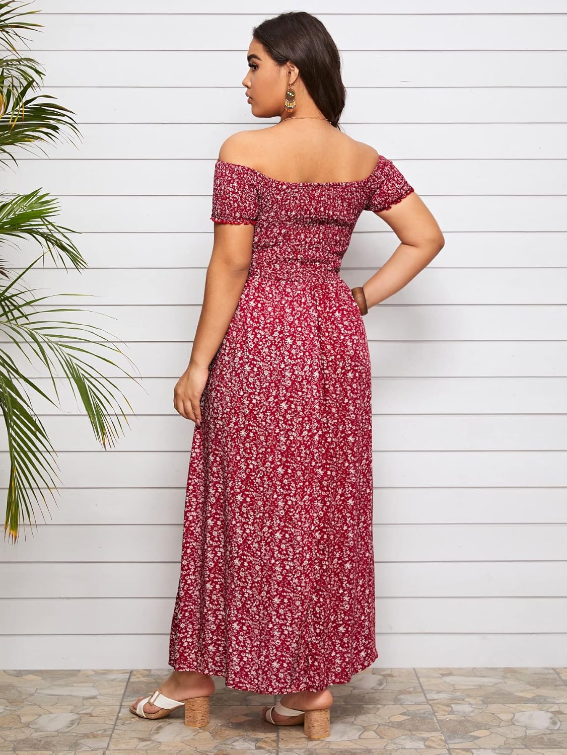 Floerns Women's Boho Floral Print Off Shoulder Split Long A Line Dress