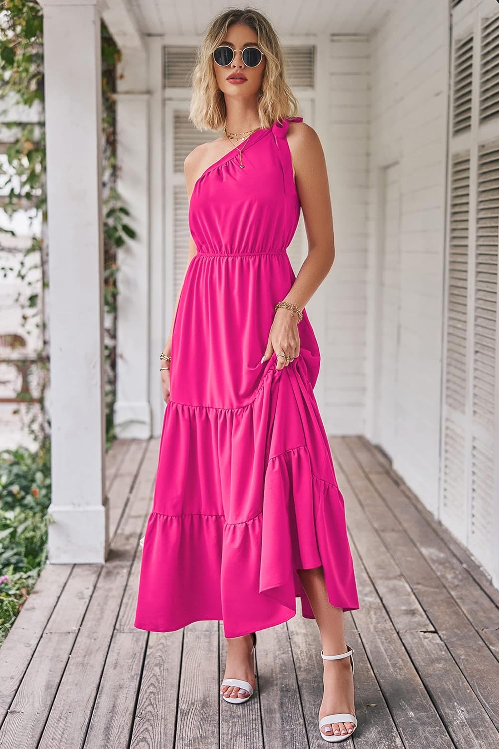 PRETTYGARDEN Women's Summer Floral Maxi Dress Knot One Shoulder Sleeveless Ruffle Flowy Boho Beach Wedding Guest Dresses